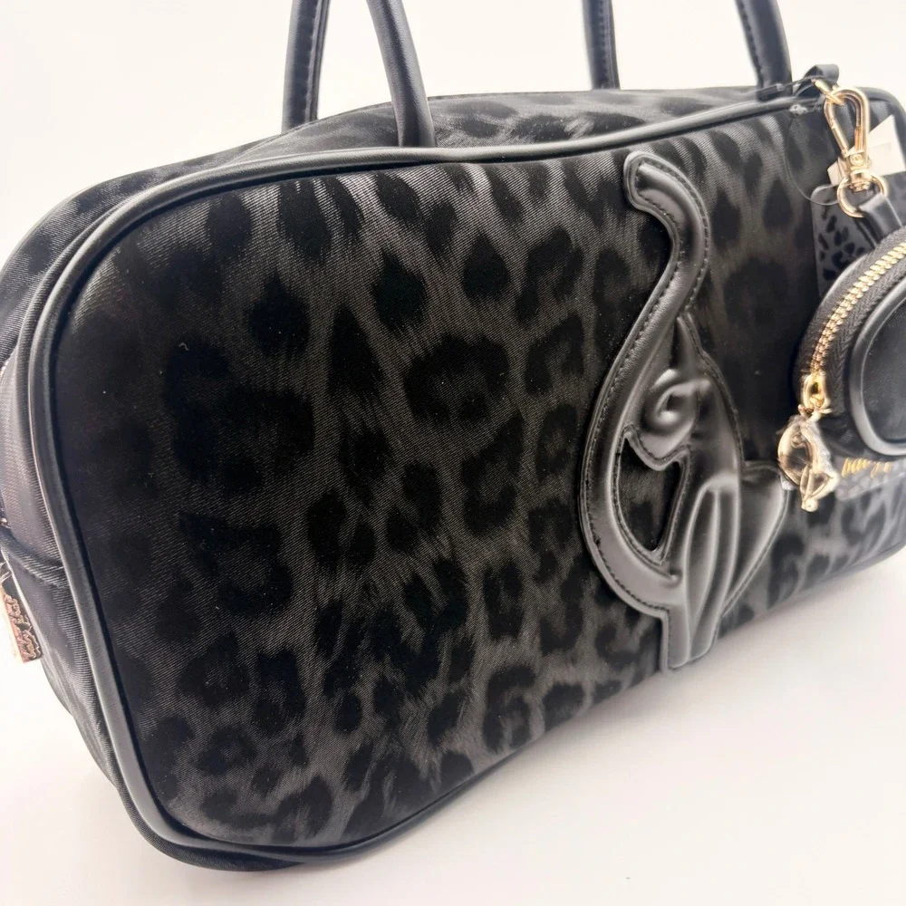 Baby Phat Black Leopard Print Velvet Handbag with Cat Applique Coin Purse Y2k